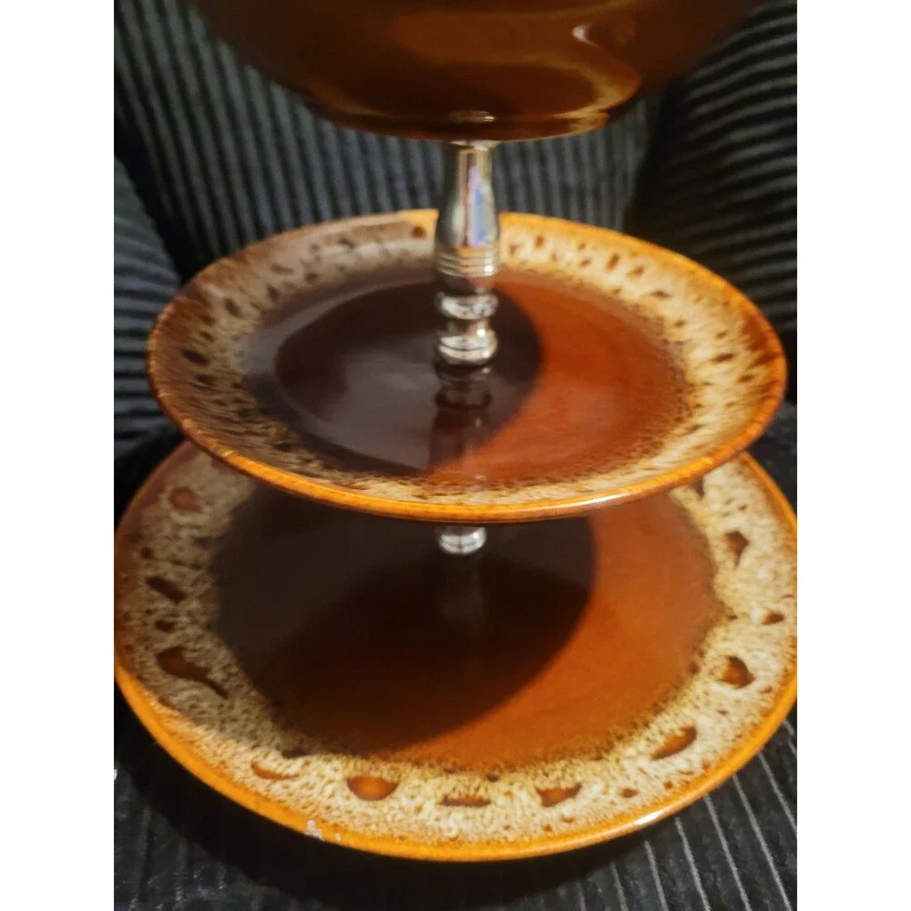 Carefree Ironstone by Canonsburg 3‑Tier Tidbit Tray – Brown Drip Vintage